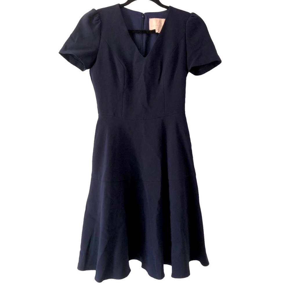 Gal Meets Glam Vintage Reproduction Navy Blue Short Sleeve V-Neck Tea Dress